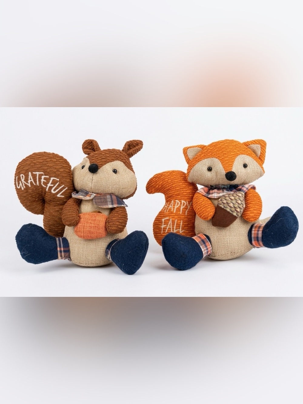 Pair of Fall Plush Fox and Squirrel plush doorstops